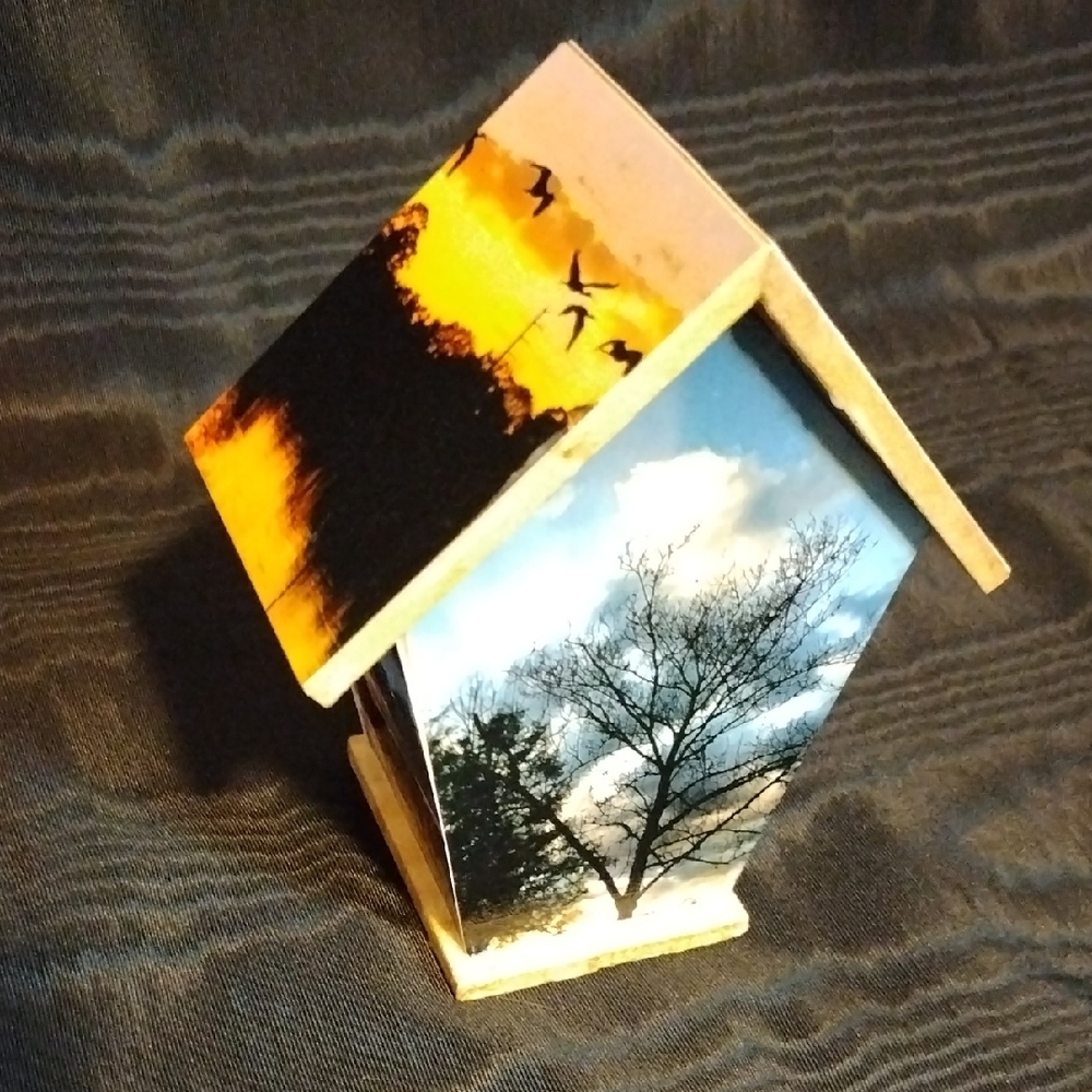 Scenic Wooden Birdhouse with Nature Prints